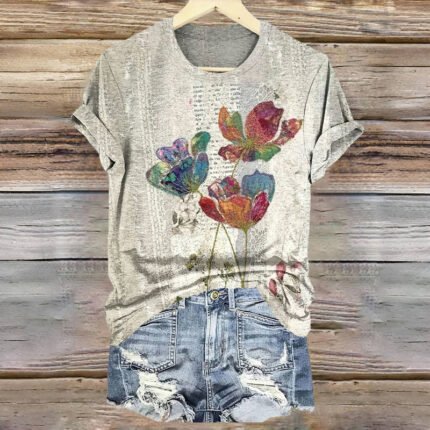 Vintage T-Shirt Met Bloemenprint Buy 4 Bundles